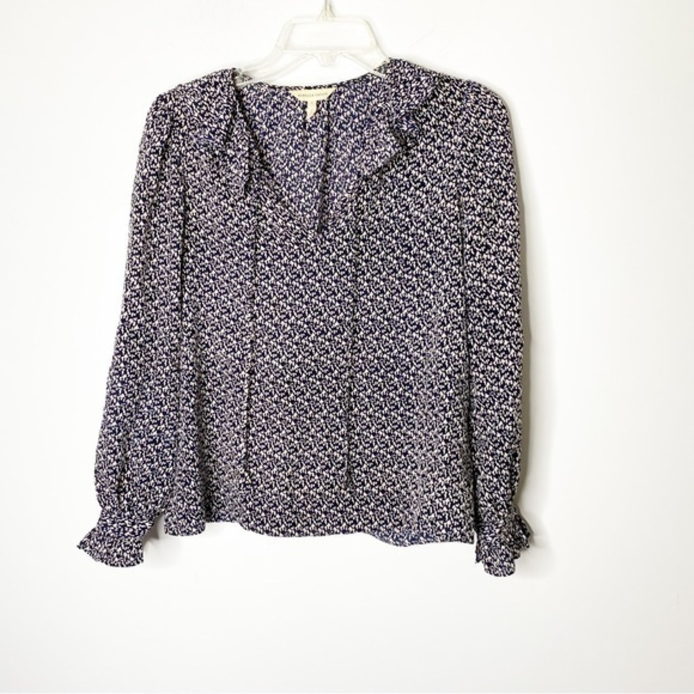 Rebecca Taylor Blue With Purple Geometric Print 100% Silk Ruffle Top Size 2